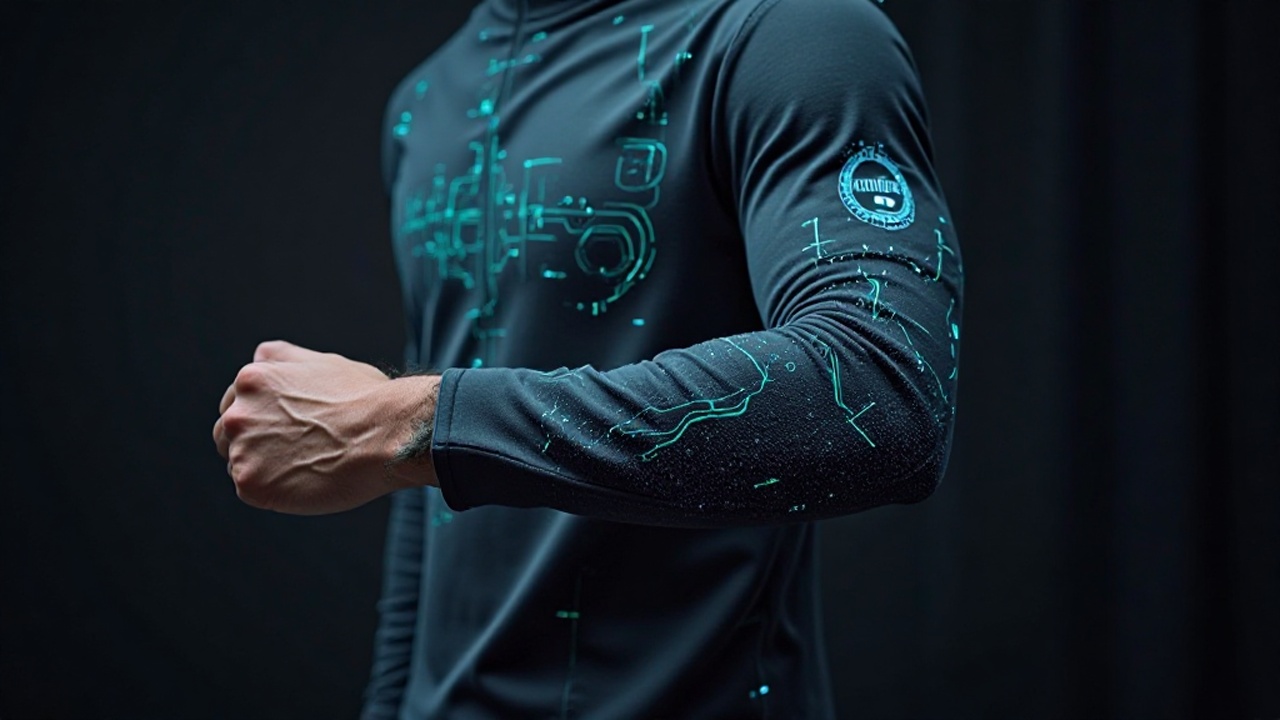 Smart-Textile-Ärmel mit integrierten Elektroden; Hand hebt Stoffkante, leitfähige Leiterbahnen sichtbar