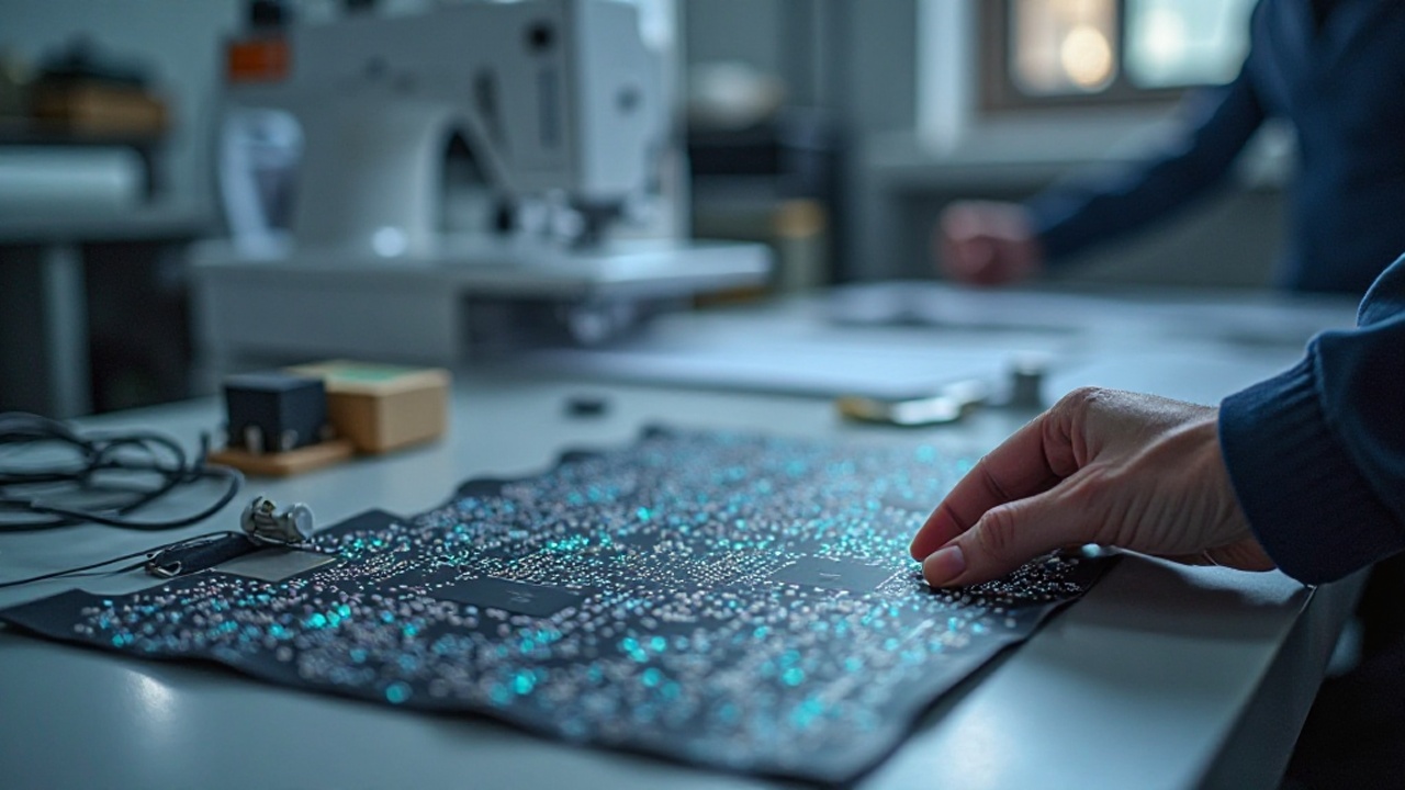 Hand montiert flexibles Smart-Textil mit leitfähigen Strukturen neben PCB-Anschluss auf Engineering-Werkbank