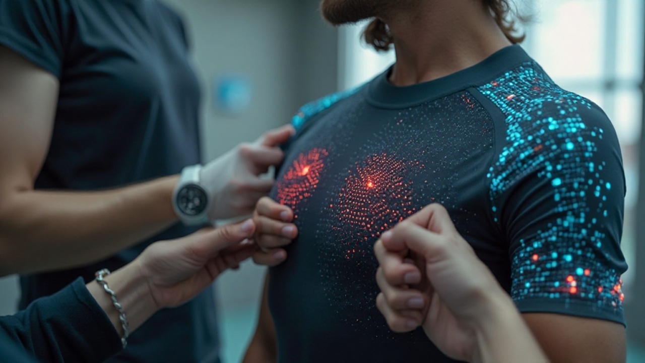 Athlet mit Smart-Textile-Top; Physiotherapeut justiert Elektrodenbereich, leitfähige Fäden sichtbar